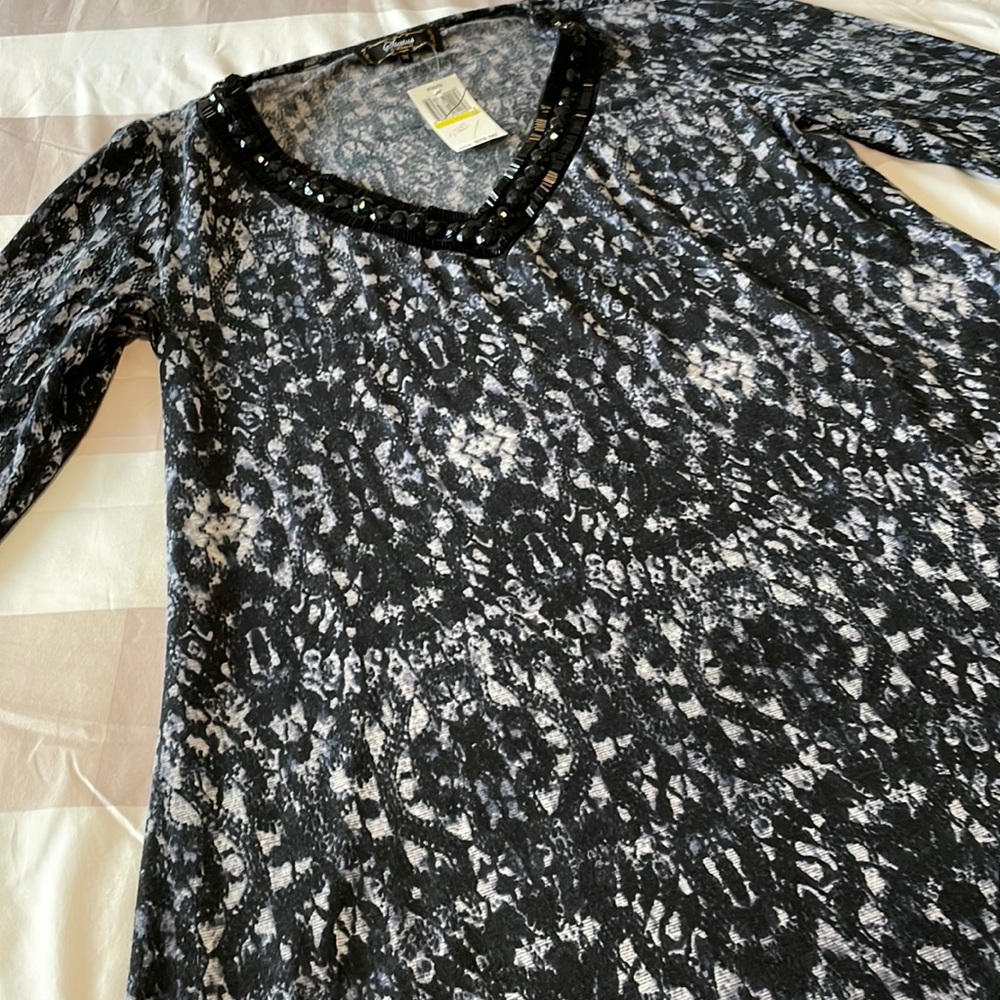 NWT Status top/tunic, black/gray print, polyester blend, jeweled neck, M